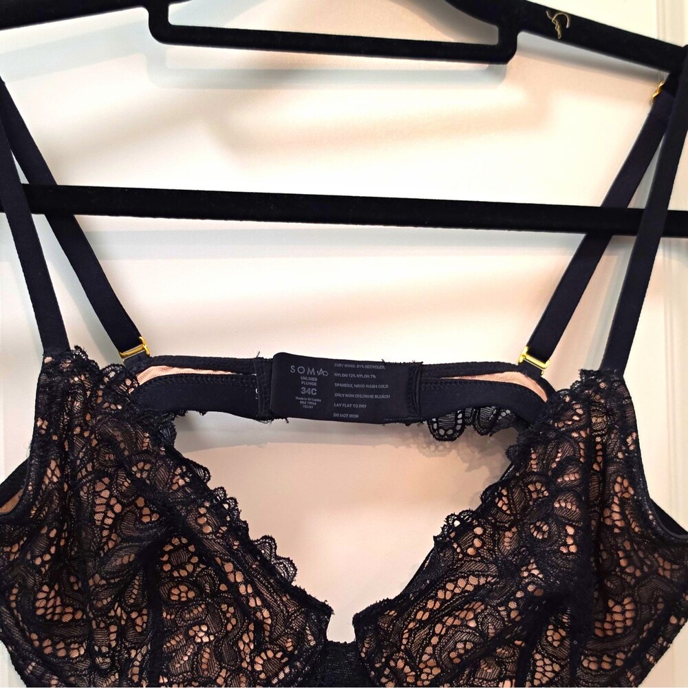 Soma Unlined Plunge Lace Underwire Bra 34C Black/Beige Floral Sheer